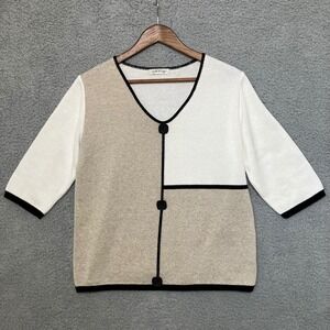 ORVIS V-Neck Blouse Tee Women M Colorblock Short Sleeve Knit Beige White Black